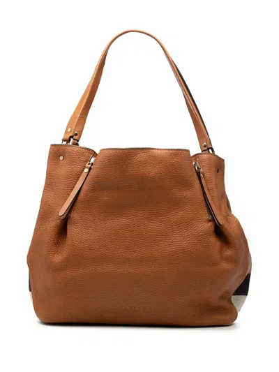 Pre-owned Burberry 2000-2017 Medium Leather And House Check Canvas Maidstone Satchel In Brown