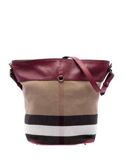 Pre-owned Burberry 2000-2017 Medium Mega Check Canvas And Grained Calfskin Ashby Tassel Bucket Bag Satchel In Brown