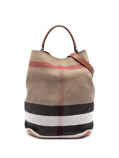 Pre-owned Burberry 2000-2017 Medium Mega Check Canvas Ashby Bucket Bag Satchel In Brown