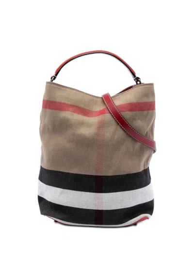 Pre-owned Burberry 2000-2017 Medium Mega Check Canvas Ashby Bucket Bag Satchel In Brown