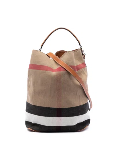 Pre-owned Burberry 2000-2017 Medium Mega Check Canvas Ashby Bucket Bag Satchel In Brown