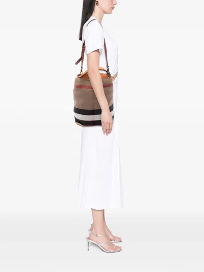 Pre-owned Burberry 2000-2017 Medium Mega Check Canvas Ashby Bucket Bag Satchel In Brown