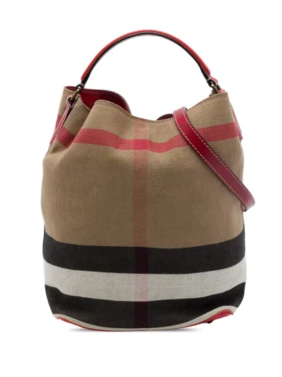 Pre-owned Burberry 2000-2017 Medium Mega Check Canvas Ashby Bucket Bag Satchel In Brown