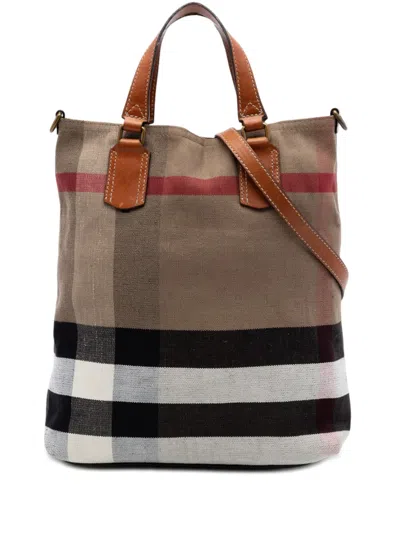 Pre-owned Burberry 2000-2017 Medium Mega Check Canvas Tottenham Brit Satchel In Brown