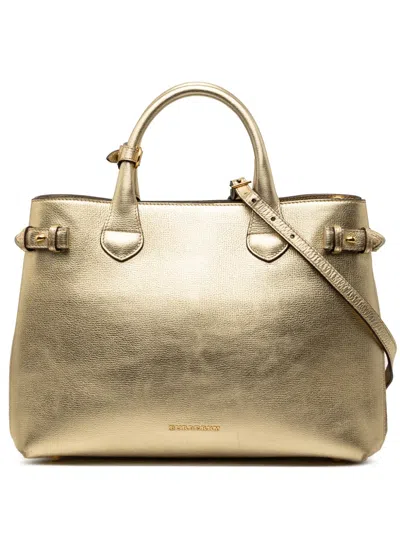 Pre-owned Burberry 2000-2017 Medium Metallic Leather And House Check Banner Satchel In Gold