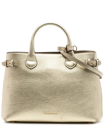 Pre-owned Burberry 2000-2017 Medium Metallic Leather And House Check Banner Satchel In Gold