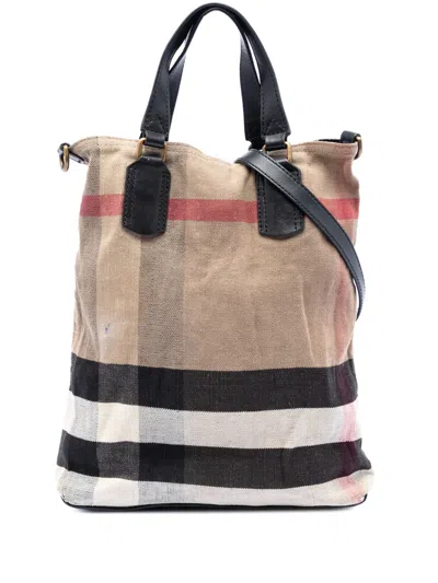 Pre-owned Burberry 2000-2017 Mega Check Canvas Tottenham Brit Satchel In Brown