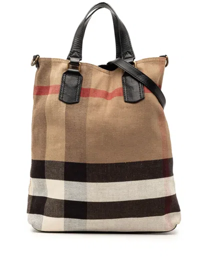Pre-owned Burberry 2000-2017 Mega Check Canvas Tottenham Brit Satchel In Brown