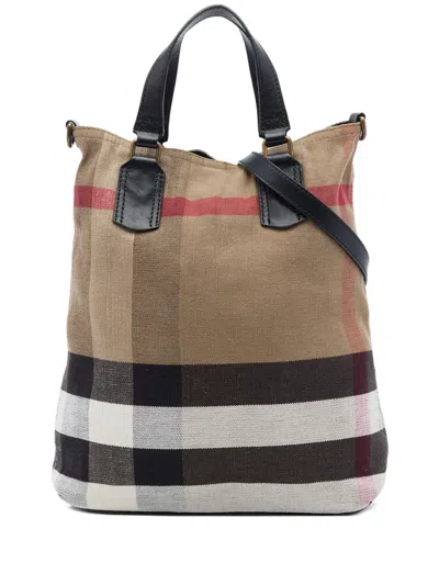 Pre-owned Burberry 2000-2017 Mega Check Canvas Tottenham Brit Satchel In Brown