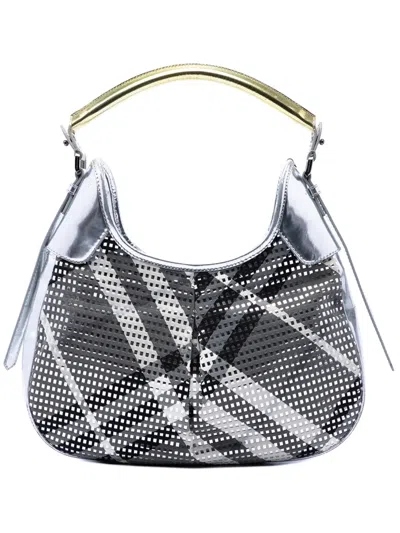 Pre-owned Burberry 2000-2017 Metallic Patent And Beat Check Nylon Brooklyn Hobo Bag In Gray