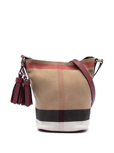 Pre-owned Burberry 2000-2017 Mini Mega Check Canvas Ashby Tassel Bucket Bag In Brown