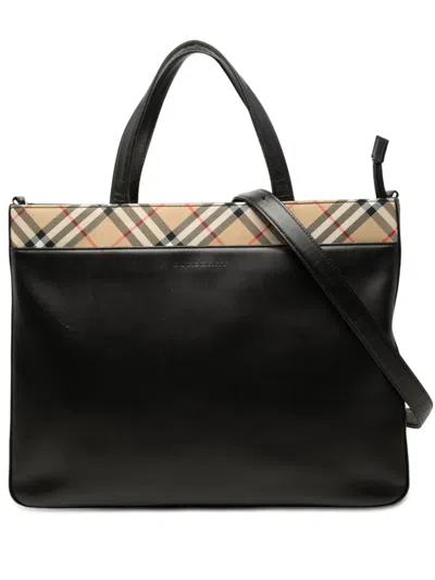 Pre-owned Burberry 2000-2017 Nova Check Canvas Trimmed Leather Satchel In Black