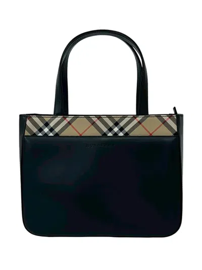 Pre-owned Burberry 2000-2017 Nova Check Trimmed Leather Handbag In Black