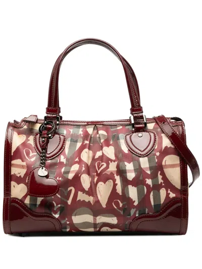 Pre-owned Burberry 2000-2017 Patent Trimmed House Check Coated Canvas Hearts Pilgrim Satchel In Red