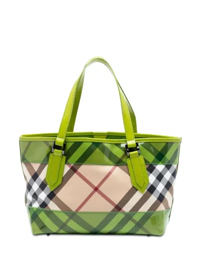 Pre-owned Burberry 2000-2017 Patent Trimmed Supernova Check Coated Canvas Tote Bag In Green