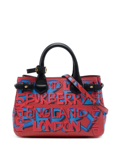 Pre-owned Burberry 2000-2017 Small Graffiti Print Grainy Calfskin Banner Satchel In Red