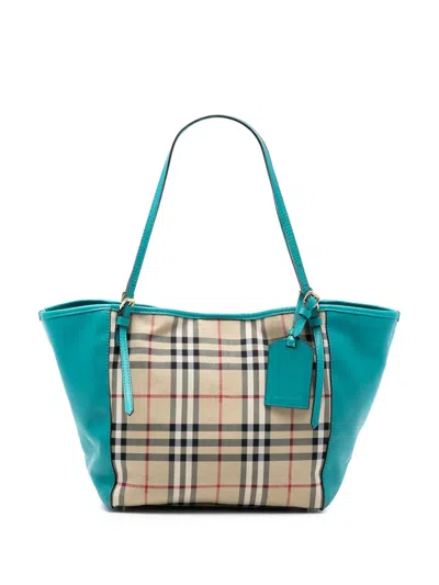 Pre-owned Burberry 2000-2017 Small Haymarket Check Canvas And Leather Canterbury Tote Bag In Blue