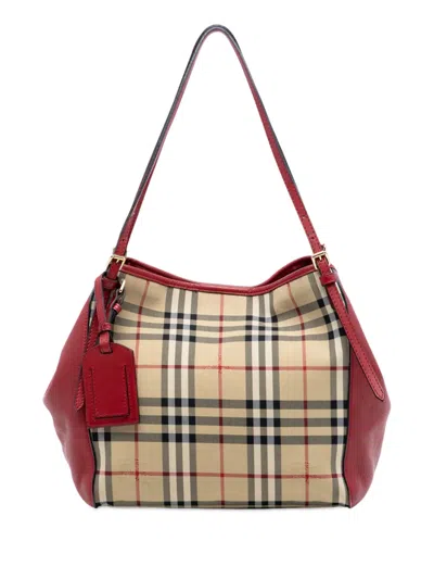 Pre-owned Burberry 2000-2017 Small Haymarket Check Canvas And Leather Canterbury Tote Bag In Red