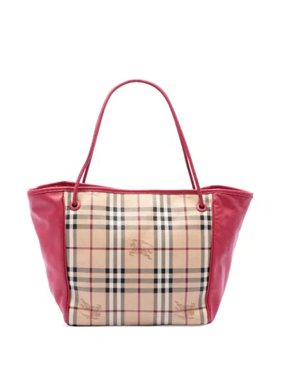 Pre-owned Burberry 2000-2017 Small Haymarket Check Coated Canvas And Calfskin Canterbury Tote Bag In Red