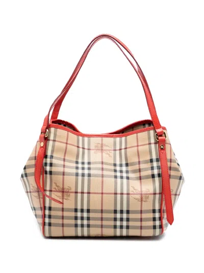 Pre-owned Burberry 2000-2017 Small Haymarket Check Coated Canvas Canterbury Tote Bag In Orange