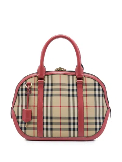 Pre-owned Burberry 2000-2017 Small Haymarket Check Nylon Orchard Bowling Bag Satchel In Pink