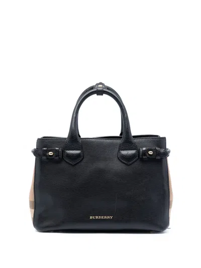 Pre-owned Burberry 2000-2017 Small House Check And Leather Banner Satchel In Black