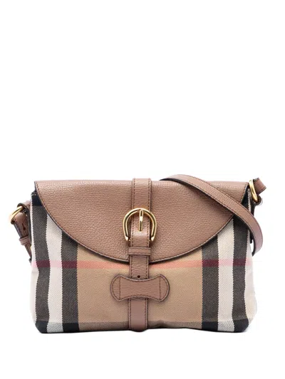 Pre-owned Burberry 2000-2017 Small House Check Canvas And Leather Horseshoe Milton Crossbody Bag In Brown