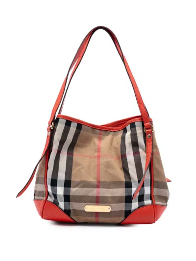 Pre-owned Burberry 2000-2017 Small House Check Canvas Bridle Canterbury Tote Bag In Brown