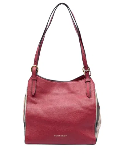 Pre-owned Burberry 2000-2017 Small Leather And House Check Canvas Canterbury Tote Bag In Red