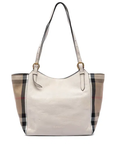 Pre-owned Burberry 2000-2017 Small Leather And House Check Canvas Canterbury Tote Bag In White