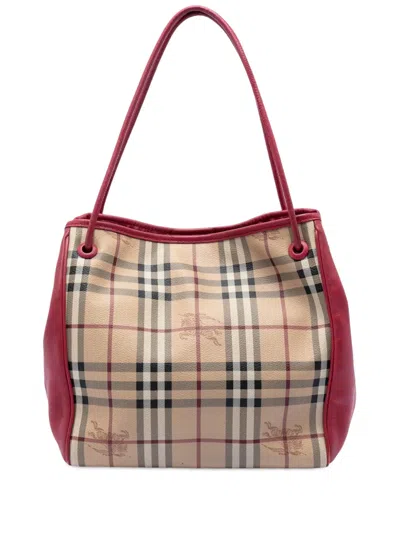 Pre-owned Burberry 2000-2017 Small Leather Trimmed Haymarket Check Coated Canvas Canterbury Tote Bag In Red