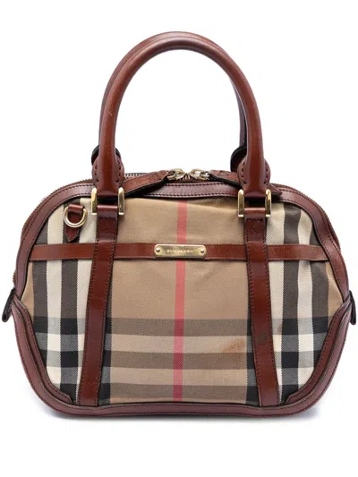 Pre-owned Burberry 2000-2017 Small Leather Trimmed House Check Canvas Bridle Orchard Satchel In Brown