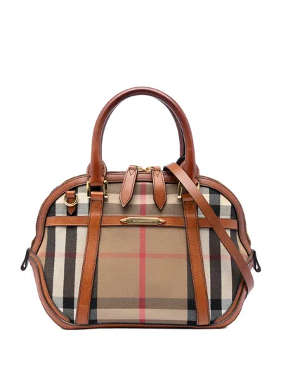Pre-owned Burberry 2000-2017 Small Leather Trimmed House Check Canvas Bridle Orchard Satchel In Brown
