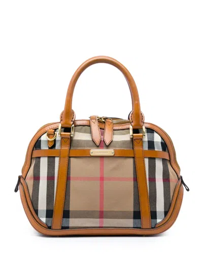 Pre-owned Burberry 2000-2017 Small Leather Trimmed House Check Canvas Bridle Orchard Satchel In Brown