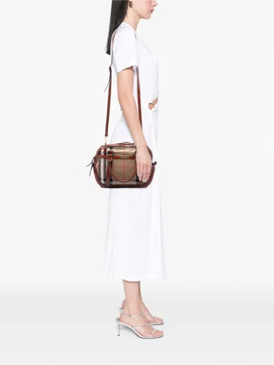 Pre-owned Burberry 2000-2017 Small Leather Trimmed House Check Canvas Bridle Orchard Satchel In Brown