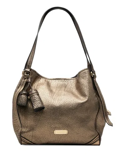Pre-owned Burberry 2000-2017 Small Metallic Grained Calfskin Saddle Stitch Canterbury Tassel Tote Bag In Gold