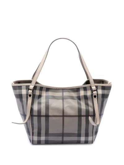 Pre-owned Burberry 2000-2017 Small Smoke Check Coated Canvas Canterbury Tote Bag In Gray
