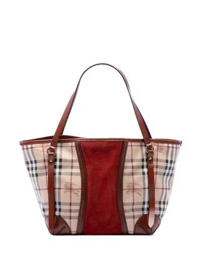 Pre-owned Burberry 2000-2017 Small Suede Trimmed Haymarket Check Coated Canvas Canterbury Tote Bag In Neutral