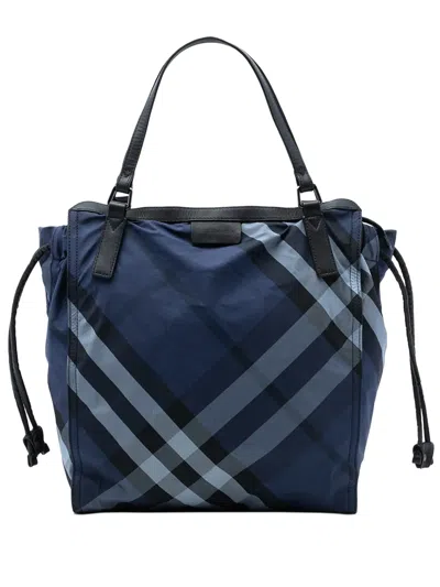 Pre-owned Burberry 2000-2017 Supernova Check Nylon Buckleigh Tote Bag In Blue