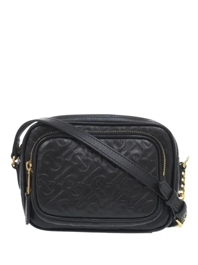 Pre-owned Burberry 2000-2025 Embossed Calfskin Tb Monogram Camera Chain Crossbody Bag In Black