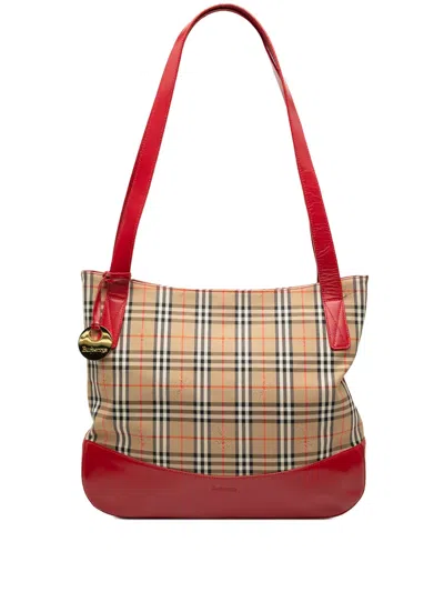 Pre-owned Burberry 2000-2026 Haymarket Check Canvas Tote Bag In Red