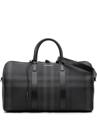 Pre-owned Burberry 2000-2026 Smoke Check Coated Canvas Holdall Barrel Duffle Bag Travel Bag In Grey