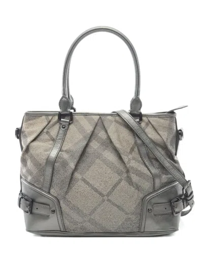 Pre-owned Burberry 2000s Checked-canvas Leather Handbag In Gray