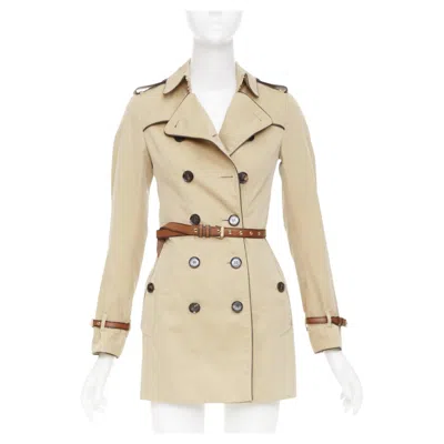 Pre-owned Burberry 2012 Leather Piped Double Breasted Belted Short Mini Trench Coat It36 In Beige