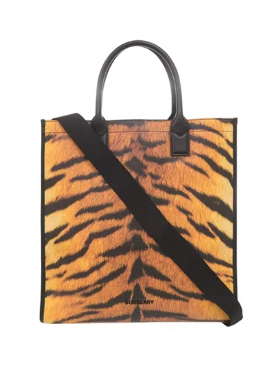 Pre-owned Burberry 2012-2026 Tiger Printed Coated Canvas Slim Denny Vertical Tote Satchel In Black