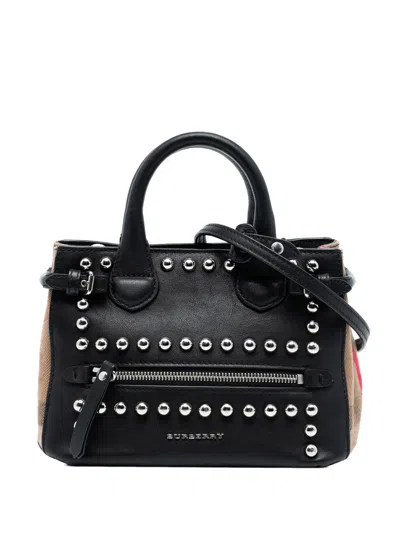 Pre-owned Burberry 2015 Baby Banner Studded Leather And House Check Tote Satchel In Brown