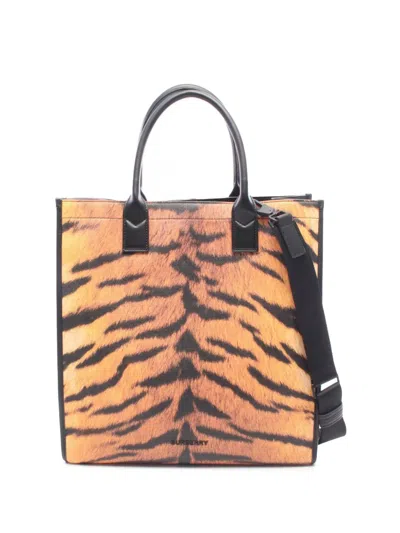 Pre-owned Burberry 2015-2026 Tiger Printed Coated Canvas Slim Denny Vertical Tote Satchel In Orange