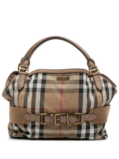 Pre-owned Burberry 2017 Large House Check Canvas Aurelia Satchel In Brown