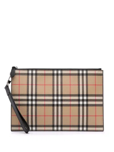 Pre-owned Burberry 2018-2023 House Check Canvas Clutch Bag In Brown