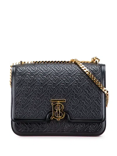 Pre-owned Burberry 2018-2023 Medium Tb Monogram Embossed Calfskin Chain Crossbody Bag In Black